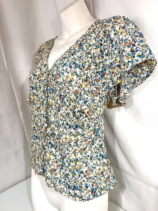 Madewell Floral Button Front Blouse Flutter Sleeve Cinched Back Top 6 - Picture 4 of 11